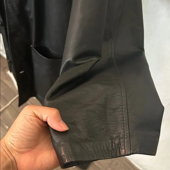 Long Black Genuine Leather Overcoat - Classic & Edgy Fits Men's XL - Picture 2 of 5